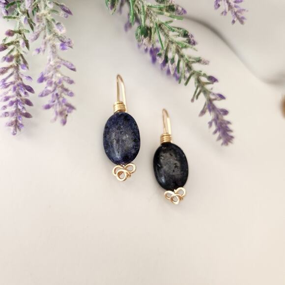 Blue Sodalite Stone Gold Wire Dangle Earrings / Minimalist Boho Style Earrings - Picture 4 of 11